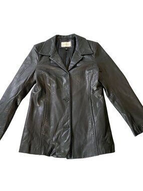 Lady Hathaway Black Leather Jacket Button-Front Coat Large